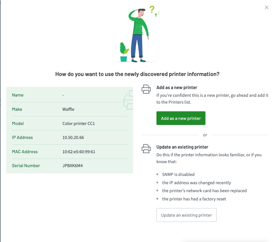 Screenshot showing the newly found printer's details for you to review and the **Add as a new printer** button.